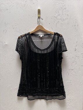 CB Women's Indie Boho Whimsygoth Black Beaded Sheer Short Sleeve Top XL